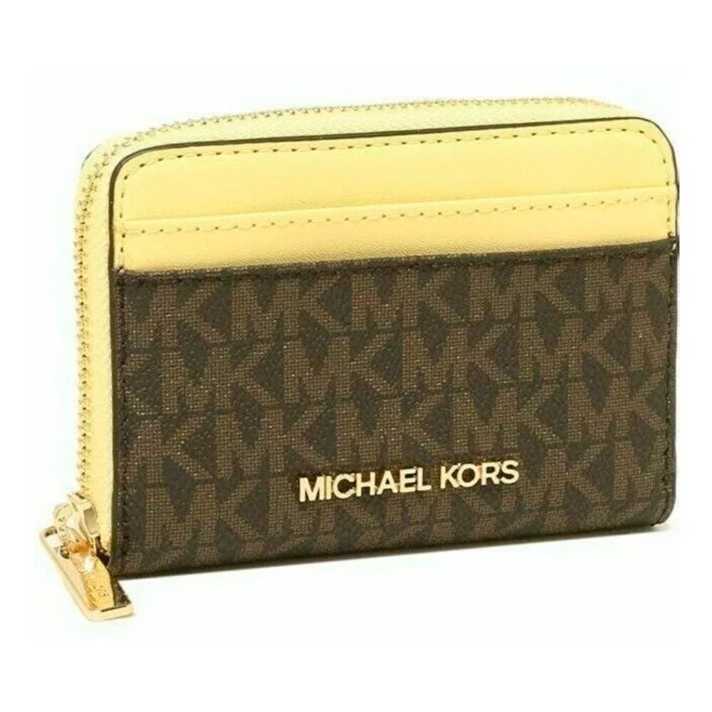 S Michael Kors ZipAround Card Case Wallet Signature Brown 35H9GTVZ2B Yellow